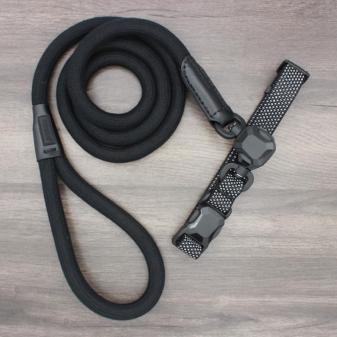 Quick Clip Dog Collar & Rope Leash Set, Sand Medium – Magnetic Buckle, Reflective