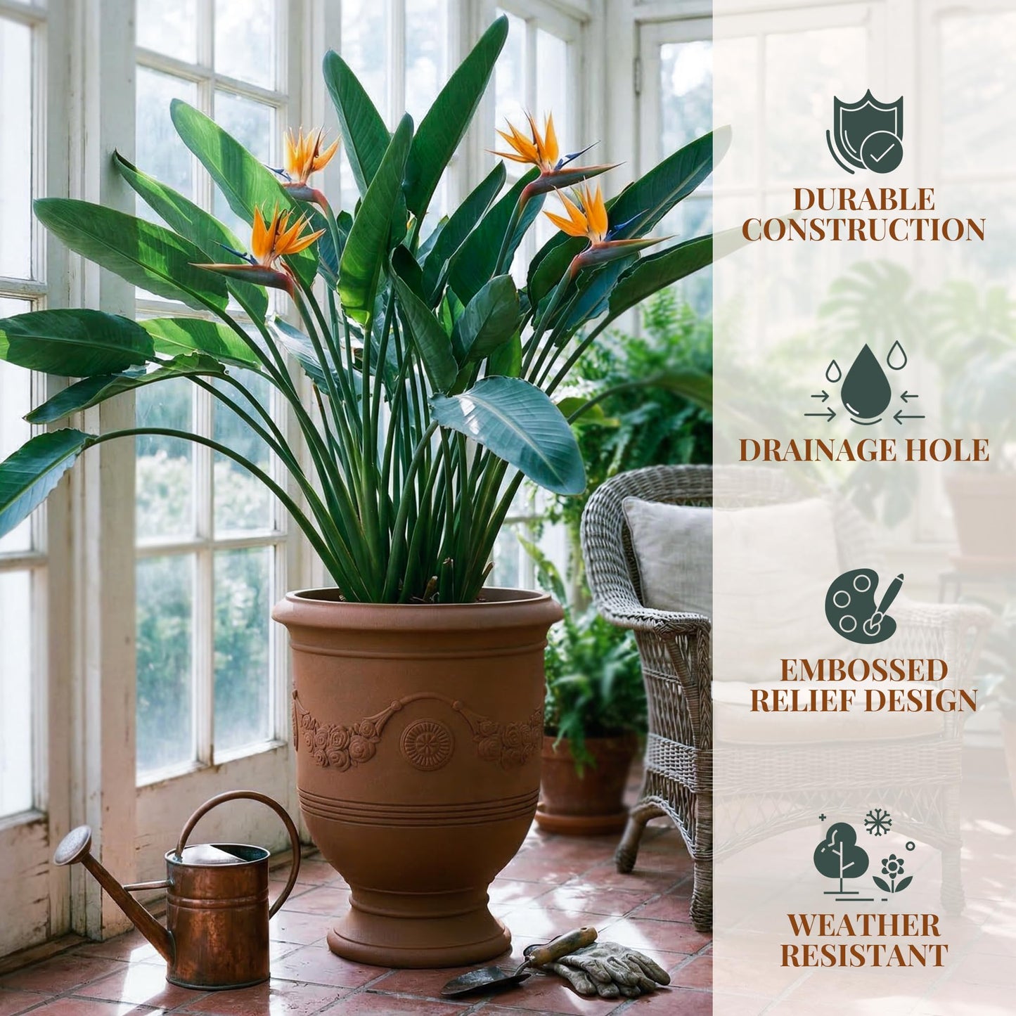 KOL Large Plastic Urn Planter - 16” Dia x 19” H Lightweight Classic Planter Pot with Cement Texture & Drainage Hole, Weather Resistant for Outdoor Plants, Patio, Garden Decor (Rusty)