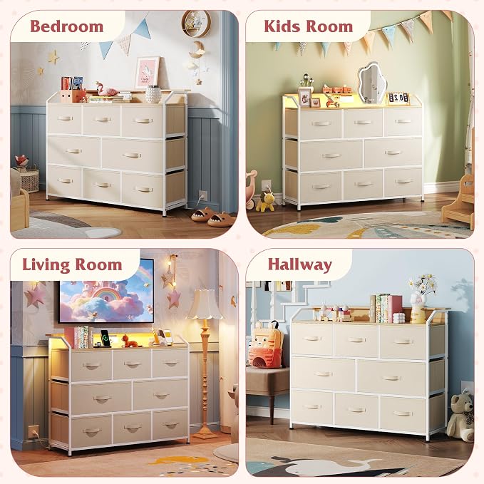 WLIVE Led Dresser for Bedroom, TV Stand for Bedroom with LED Lights and Power Outlet, Wide Chest of Drawers for Hallway, 8 Fabric Drawers for Living Room and Entryway, Cream White