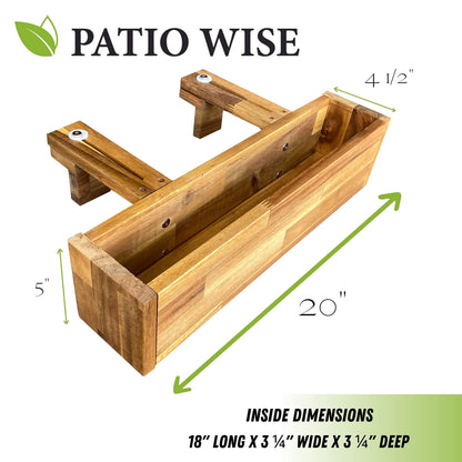 Patio Wise Acacia Wood Railing Planter Box, Outdoor Hanging Flower, Plant, & Herb Boxes, 20-Inch Wide x 5-Inch Tall x 4.5-Inch Deep Rectangular Porch, Deck, & Balcony Planters, Teak Color
