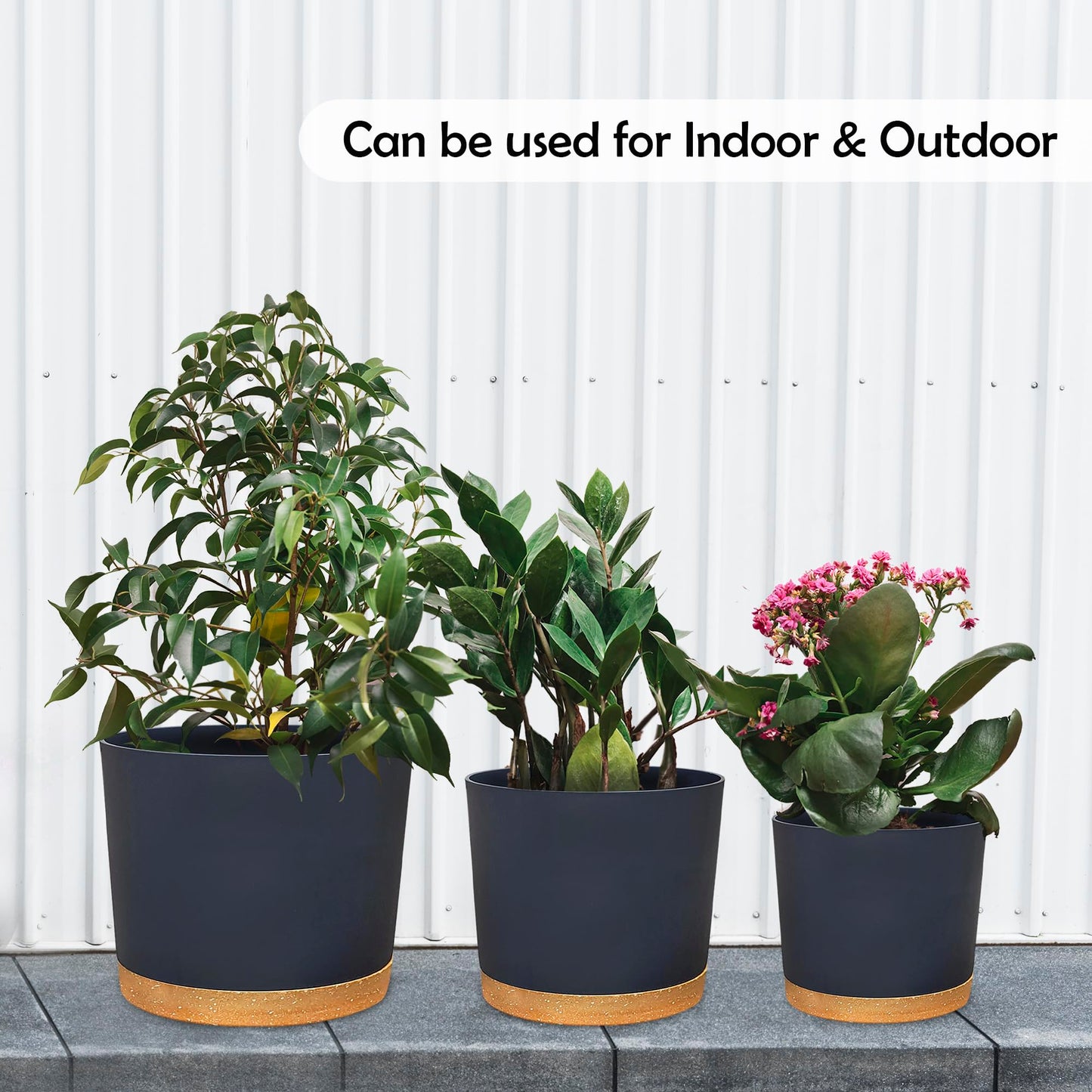 RUBBER BOND Plastic Plant Pots 3 Pack - Modern Indoor/Outdoor Planters for Home Decor - Weather-Resistant Flower Pots - Ideal for Stylish Garden and Patio Decor (Grey Round)