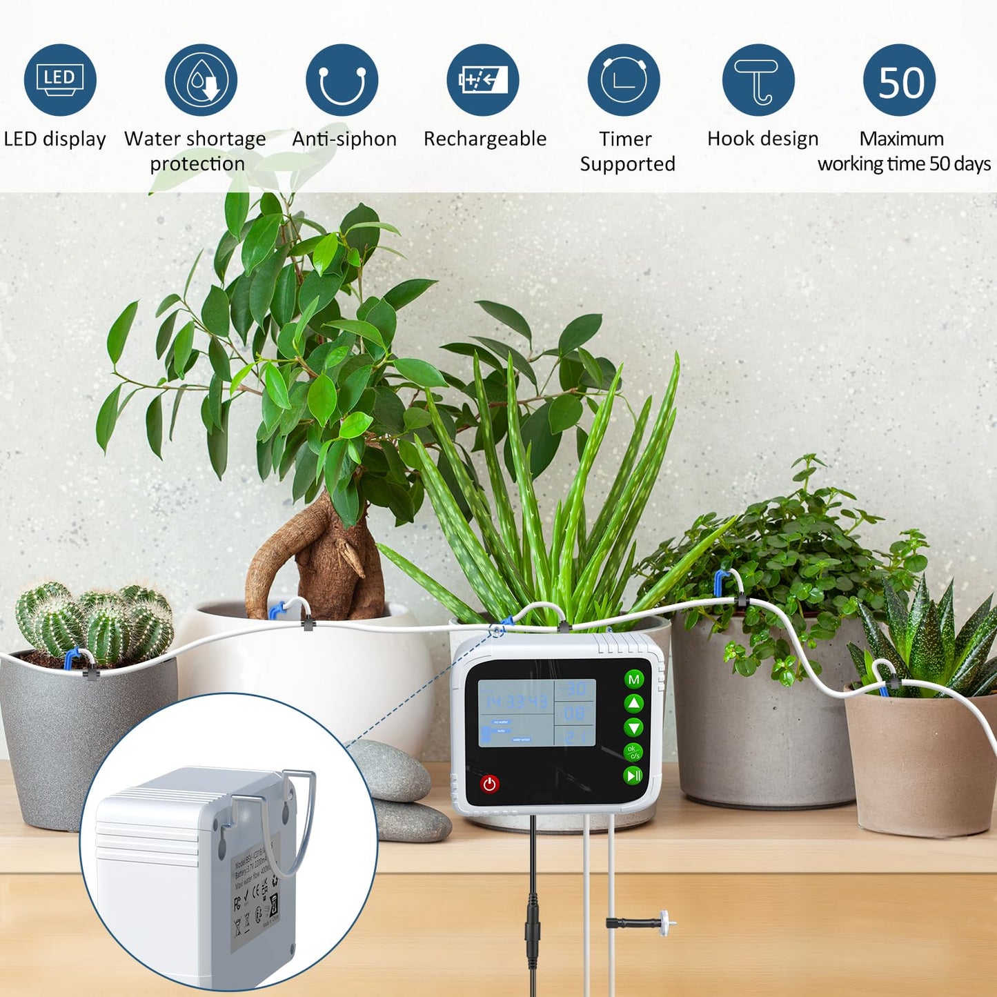 SoulBay Automatic Plant Waterer Indoor, USB Rechargeable Drip Irrigation Kit for up to 15 Potted Plants, Programmable Self Watering System with Digital Timer for Vacation & Houseplant Care