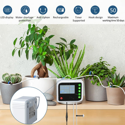 SoulBay Automatic Plant Waterer Indoor, USB Rechargeable Drip Irrigation Kit for up to 15 Potted Plants, Programmable Self Watering System with Digital Timer for Vacation & Houseplant Care