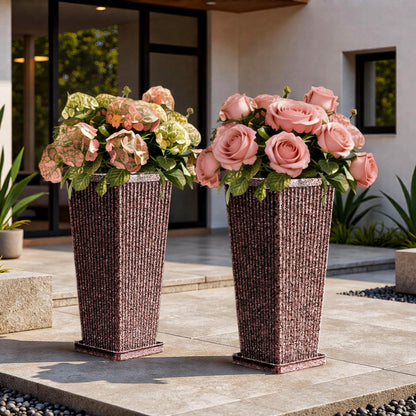 Diyfire Taper Tall Planters for Outdoor Plants Set of 2, 24 Inch Faux Stone Large Outdoor Planters for Porch with Drainage Tray Saucers & Holes, Fluted Tall Indoor Flower Pots for Patio Balcony, Brown