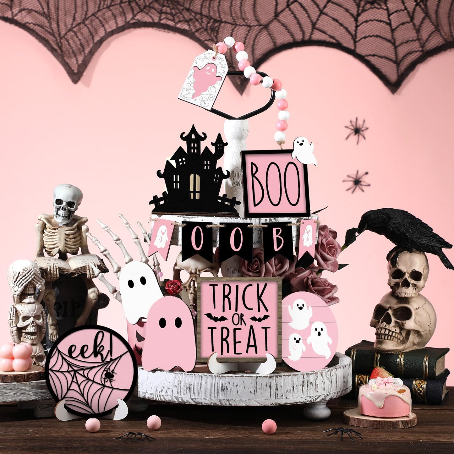 Umigy 15 Pcs Halloween Tiered Tray Decor Set Cute Ghost Tray Decorations Boo Halloween Wooden Signs Farmhouse Rustic Decoration for Home Table Party Supplies(Pink Ghost)