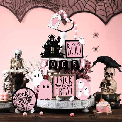 Umigy 15 Pcs Halloween Tiered Tray Decor Set Cute Ghost Tray Decorations Boo Halloween Wooden Signs Farmhouse Rustic Decoration for Home Table Party Supplies(Pink Ghost)