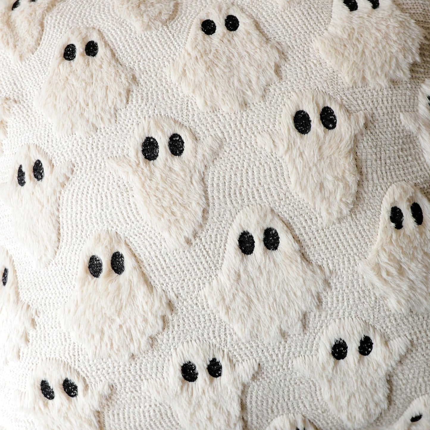 4TH Emotion Halloween Ghost Decorative Pillow Covers 18x18 Set of 2, Beige Soft Plush Faux Fur Farmhouse Throw Cushion Cases for Fall Holiday Home Decorations