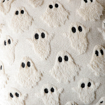 4TH Emotion Halloween Ghost Decorative Pillow Covers 18x18 Set of 2, Beige Soft Plush Faux Fur Farmhouse Throw Cushion Cases for Fall Holiday Home Decorations