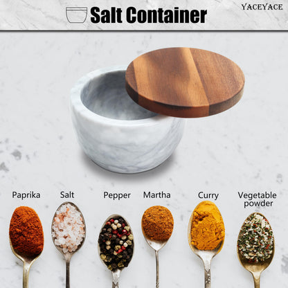YACEYACE White Modern Marble Salt Bowl, 4oz Small Salt Cellar with Acacia Wood Lid, Elegant White Salt Spice Seasoning Bowl, Container Jar Holder