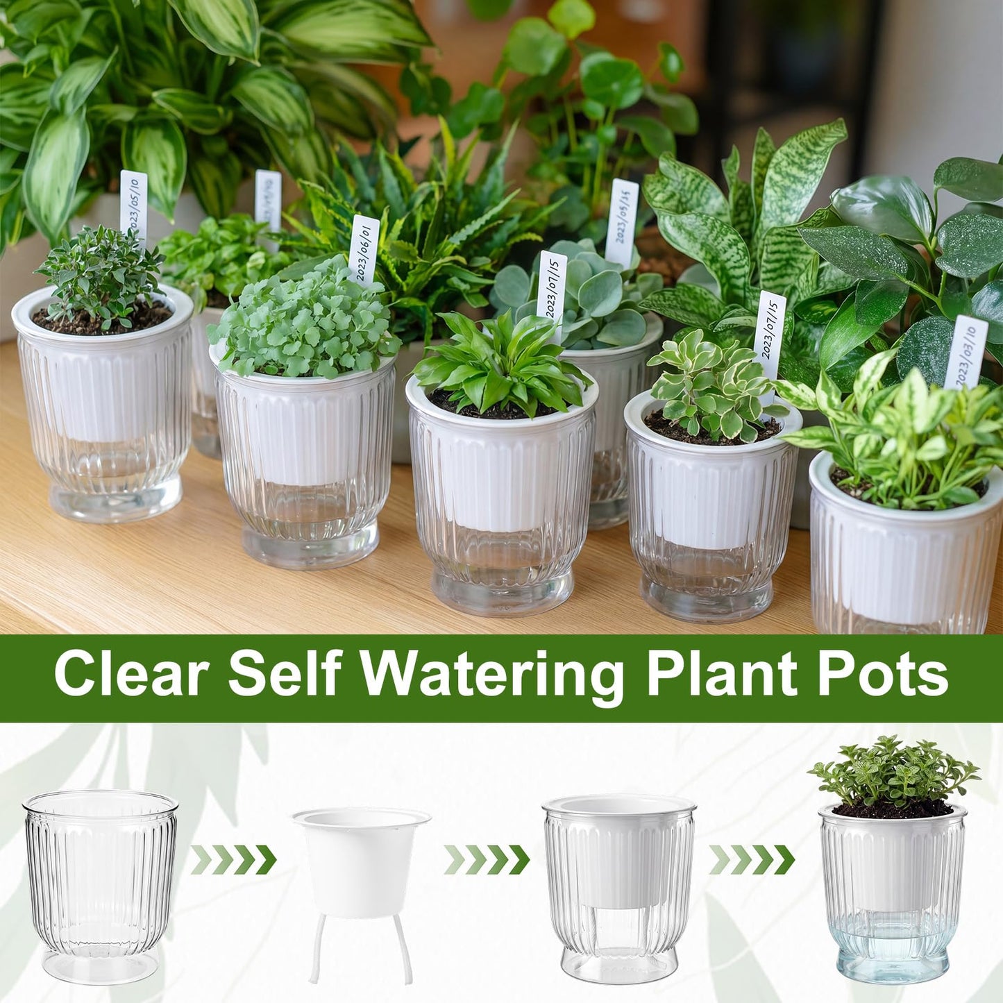 Ferrochef 20 Sets 4 Inch Self Watering Pots Bulk Small Plant Pots with Inner Reservoir, Clear Self Watering Wick Planter Plastic Plant Labels for Indoor Succulents Herbs Flowers Pothos