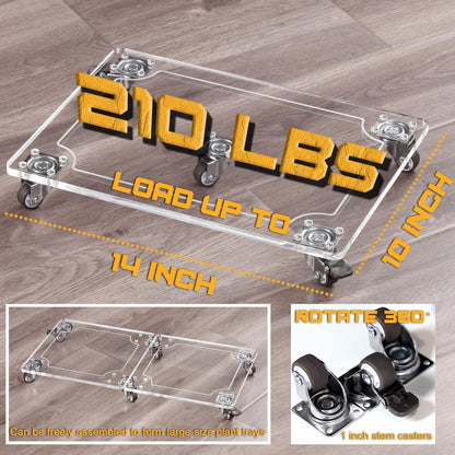 EMCOMS 1PC Transparent Clear Color Plant Caddy 10x14 inch Acrylic Heavy Duty Square Plant Stand with 2 Roller Lockable Caster Wheels,Indoor Outdoor Holds Up 150 Lbs Patio/Flower Pot/Dolly