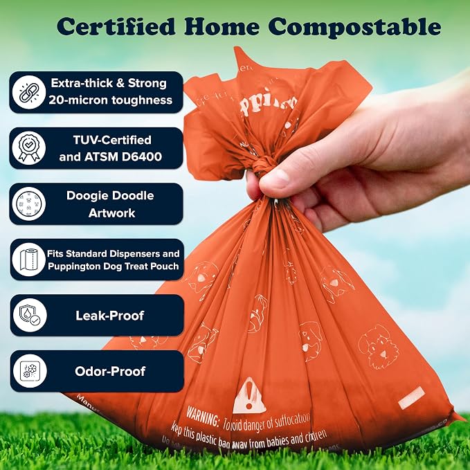 Puppington Certified Home Compostable Poop Bags - ASTM D6400 Compliant - 90 Extra Thick Bags - Plant Based - Pairs with Puppington 3-in-1 Bag & Fits all Standard Poop Bag Dispensers (Poppy Orange)