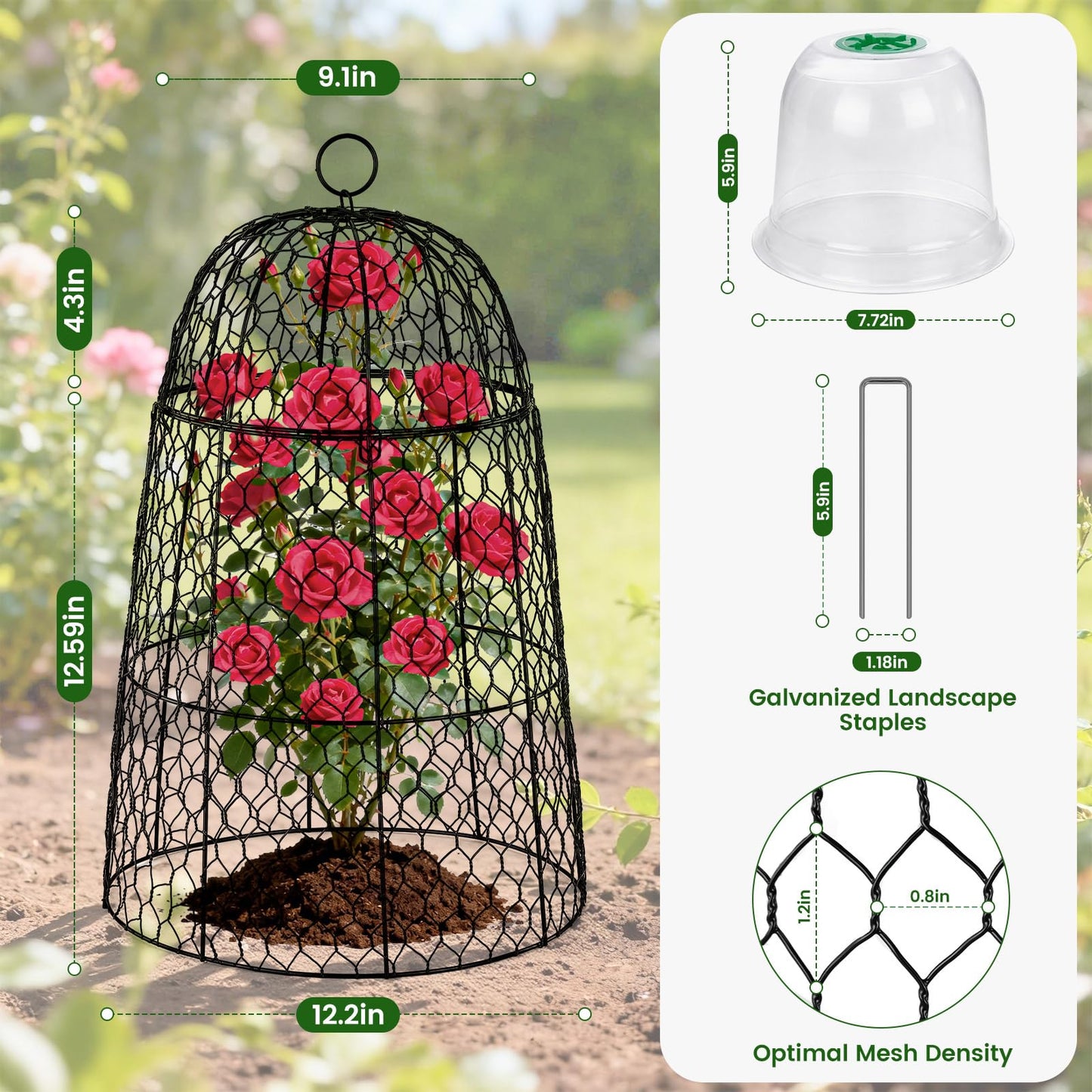 12 Pack XL Metal Garden Cloches for Plants, 17" Height Rustproof Chicken Wire Cloches for Seedlings, Vegetables & Flowers, Plant Protectors from Animals Includes 12 Humidity Domes & 48 Stakes - Black