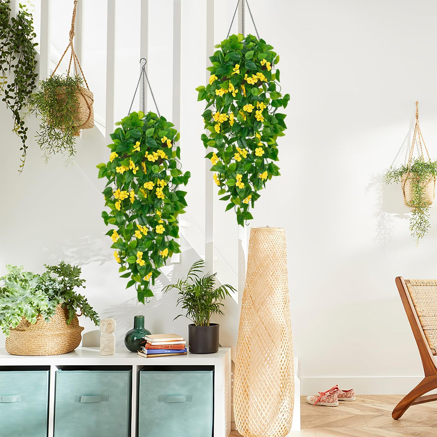 BLEUM CADE Artificial Hanging Flowers for Outdoors, 4pcs Fake Hanging Plants Pothos Vines with Yellow Flowers for Wall Home Living Room Indoor Outdoor Decor (No Baskets)