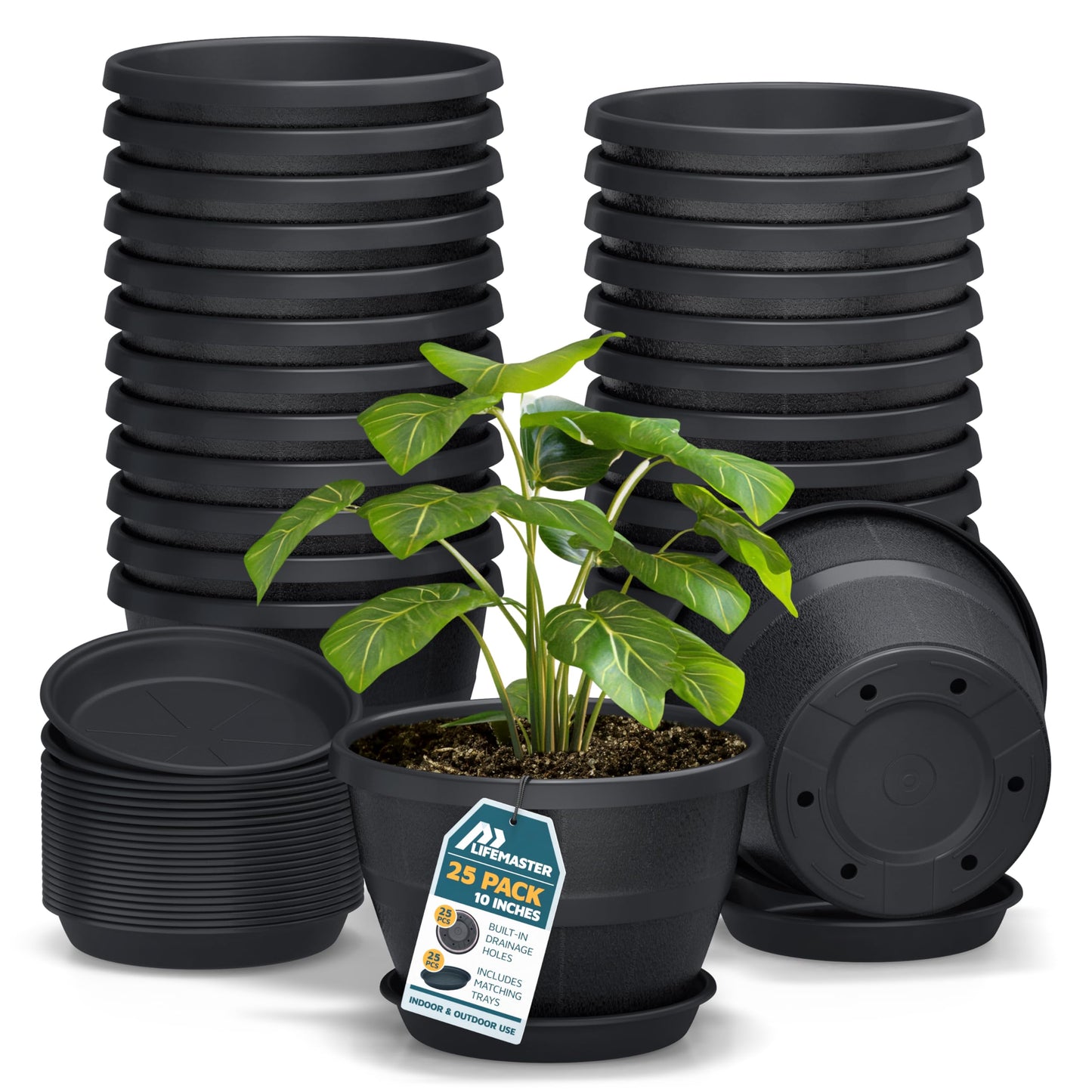 10-Inch Whiskey Barrel Planters Outdoor Pack of 25 - Durable Plastic Plant Pots for Indoor & Outdoor Use with Drainage & Saucer, Lightweight Rustic Barrel Planters for Flowers, Herbs & Small Plants