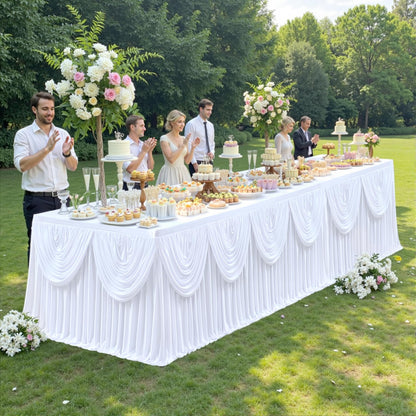 gogoparti White Tutu Table Skirts for Rectangle Tables 6ft Draped Pleated Table Skirt Polyester Tablecloth for Birthday Party Banquet Wedding Baby Shower