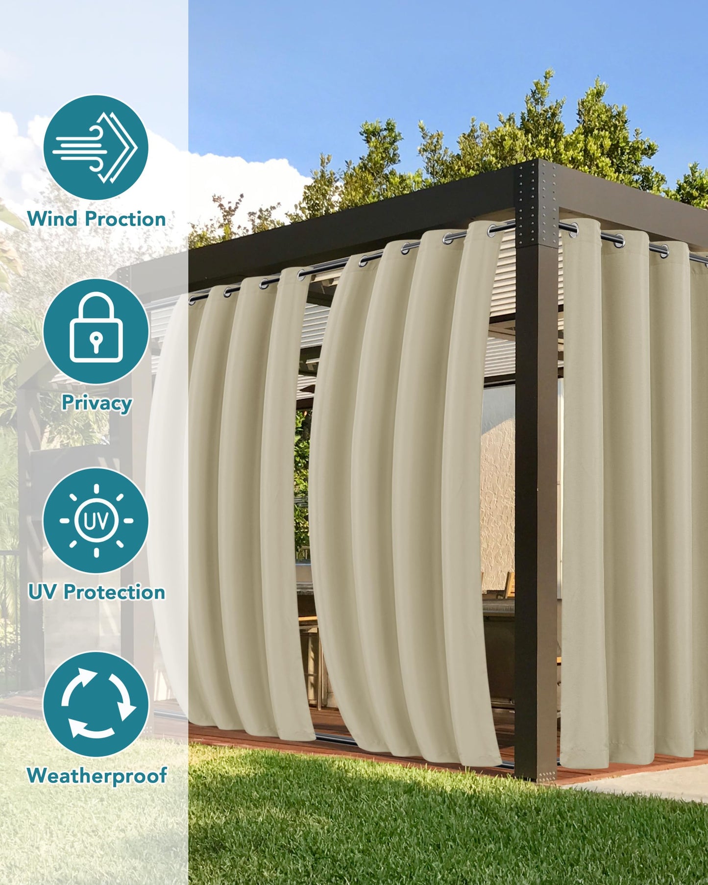 HolidayIdeas Outdoor Curtains for Patio Waterproof-4 Panels 54"x84"-Windproof Weatherproof Privacy Cream Outside Curtains-Grommet Top and Tab Bottom Drape for Gazebo, Porch, Pergola, Cabana, Backyard