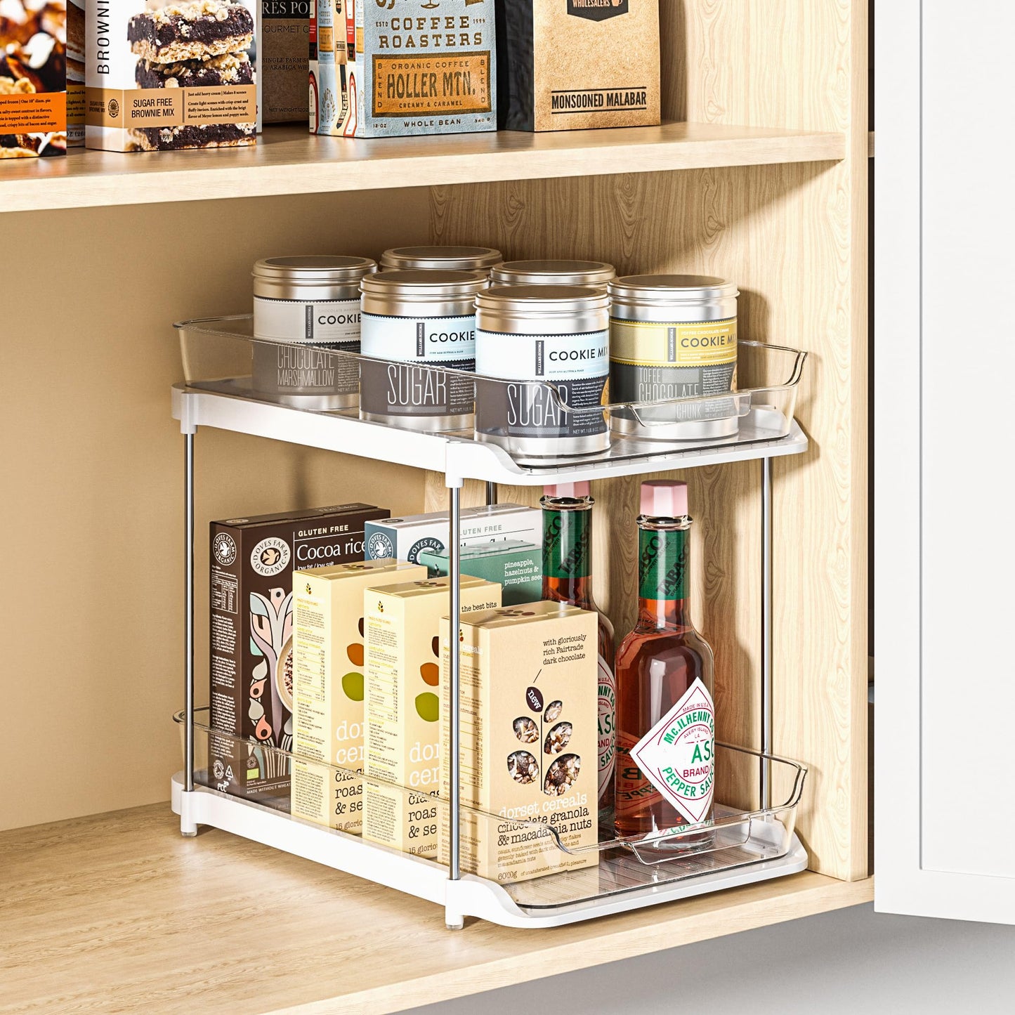 Delamu 2-Tier Multi-Purpose Bathroom Under Sink Organizers and Storage, Stackable Kitchen Pantry Organization, Pull Out Medicine Cabinet Organizer with Movable Dividers, White, 2 Pack