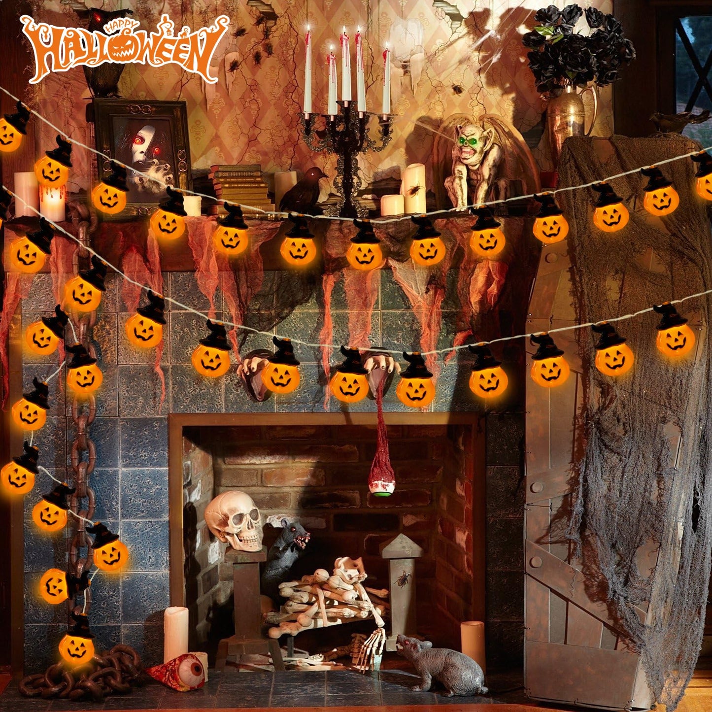 Orange Halloween Pumpkin String Lights with Witch Hat, 20FT 30 LED Pumpkin Halloween Lights String Outdoor with 8 Lighting Modes for Home Indoor Outdoor Party Decor