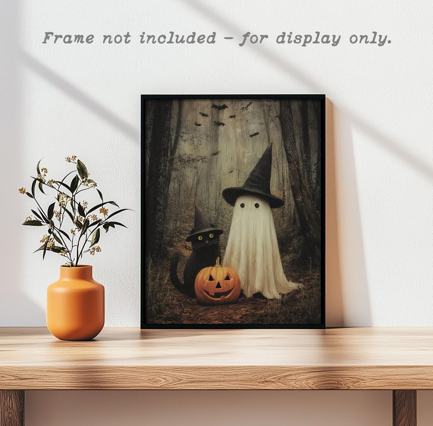 Japrex Ghost and Black Cat in Forest Wall Art Print, Spooky Halloween Art, Whimsigoth Wall Decor, Dark Academia Print, Farmhouse Halloween Decor, Fall Season Art (11 x 14 inch)