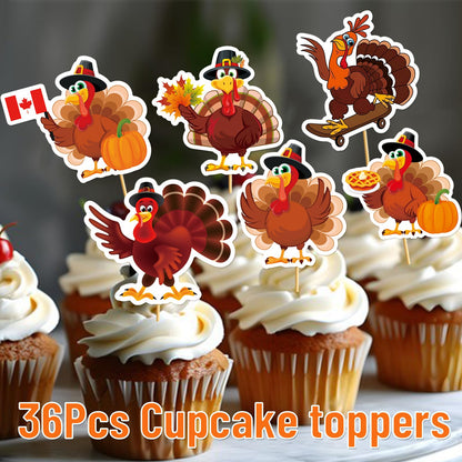 36Pcs Thanksgiving Cupcake Toppers Friendsgiving Turkey Cupcake Toppers Thanksgiving Cake Decorations Friendsgiving Cake Toppers