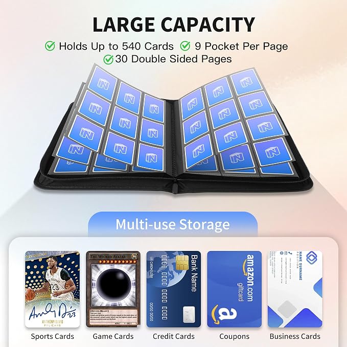 Trading Card Binder, Premium 9 Pocket 540 Double Sided Pocket Collection Binder, Card Album for TCG Card Holder for Game Card, Sports Card, Yugioh, MTG etc (Blue)