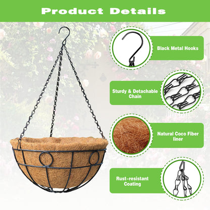 ZVOWOS 2 Pack 12 Inch Black Metal Hanging Basket Hanging Planter with Coco Coir Liner Heavy Duty Hanging Flower Pot Holder for Indoor Outdoor Patio Garden Porch Balcony Decor (Round)