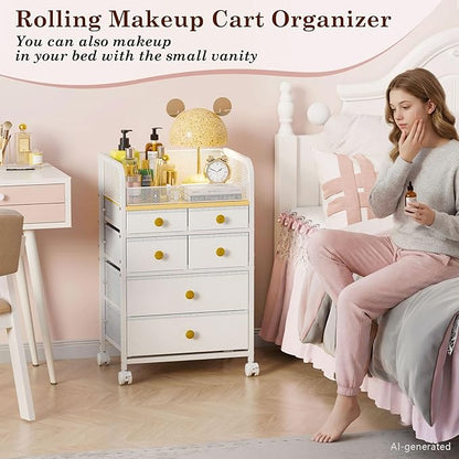Rolling Makeup Cart Organizer with 6 Drawers, Makeup Storage with Wheels, Floor Skincare Organizers Vanity Storage Organizer Cosmetics Display Cases for Skin Care Perfume Nail Polish, White