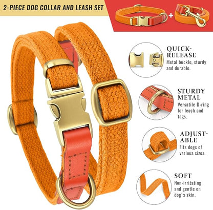 Dog Collar and Leash Set with Metal Quick Release Buckle, Adjustable, Breathable Nylon, Durable, Soft and Comfortable, No Pull for Walking and Training, Orange, M (12.5"-19.6")