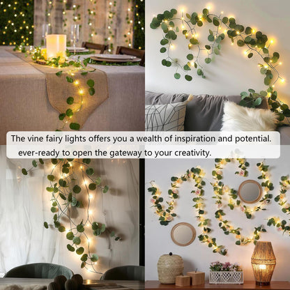 MVOVM 2 Pack Eucalyptus Garland with 20 LED Fairy Lights, Green, 6.6ft, Plastic, Indoor/Outdoor Decor for Bedroom, Party, Wedding
