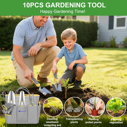Yesker Gardening Tools 10-Piece Heavy Duty Garden Tool Set Gardening Supplies Gifts for Women Men Gardening Hand Tool Kit w Non-Slip Ergonomic Handle, Garden Bag, Durable Gloves, Pruning Shears, Gray