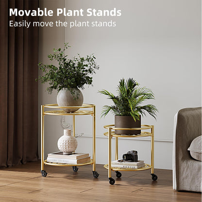 Rioneta Rolling Plant Stand with Wheels – 2 Tier Flower Pot Holder for Indoor & Outdoor, Easy Move Cart for Balcony, Patio, Garden, 165 lbs Capacity Golden