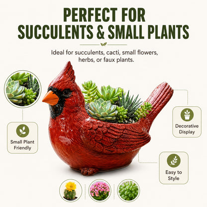 Oulores Cardinal Bird Succulent Planter, Red Resin Decorative Flower Pot for Small Plants, Bird Planter Pot for Desk Windowsill Patio Garden Decor, Gift for Plant & Bird Lovers (Green)