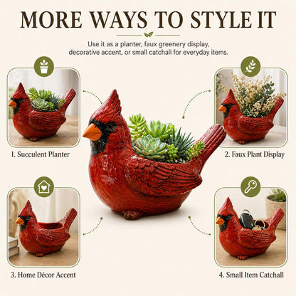 Oulores Cardinal Bird Succulent Planter, Red Resin Decorative Flower Pot for Small Plants, Bird Planter Pot for Desk Windowsill Patio Garden Decor, Gift for Plant & Bird Lovers (Green)