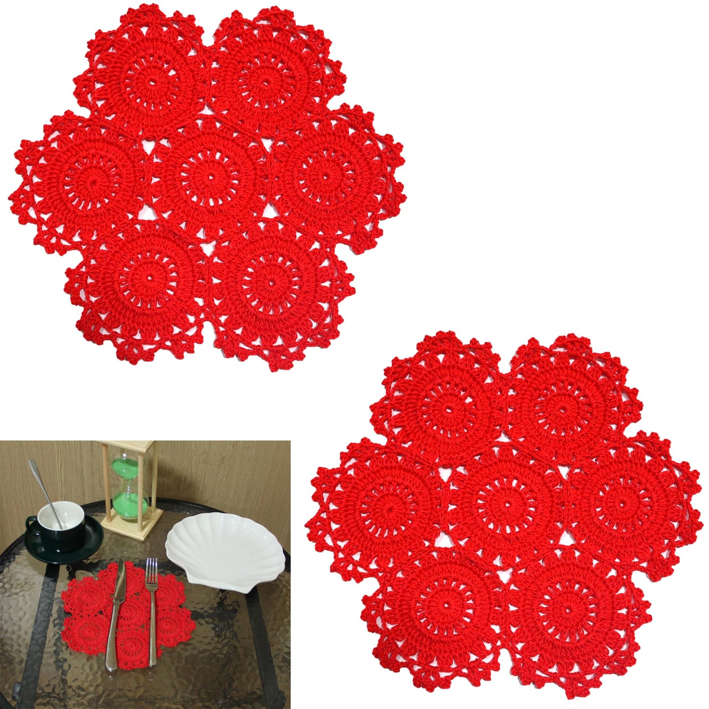 BIBITIME 2PCS Handmade Crochet Placemats 9.8 inches to 10 inches Round Spliced Sunflower Lace Table Doilies Cup Mats Coasters Easter Mother's Day,Red