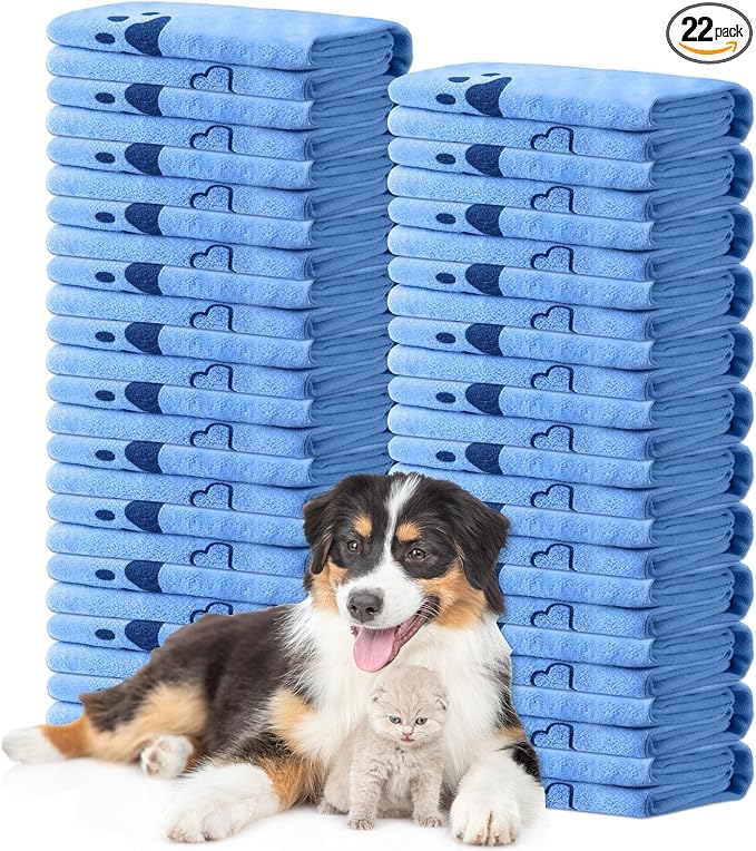 Tatuo 22 Pcs Dog Towels for Drying 20 x 40 Inch Pet Bath Towels Absorbent Microfiber Towel Quick Drying Puppy Bathing Supplies for Small Medium Large Dog Puppy Cat(Blue,Bone Pattern)