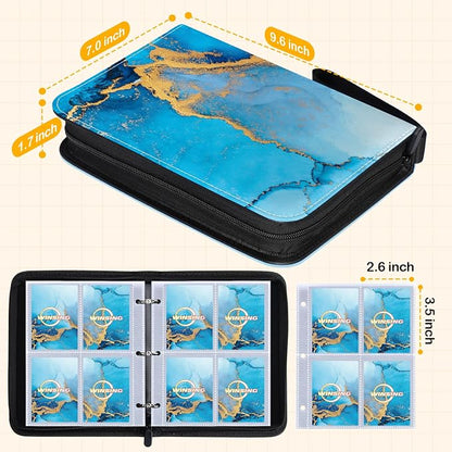 Card Binder 4 Pocket, 400 Pockets Card Holder Compatible with Game Cards Gift for Girls, Trading Card Binder Album Case Book Storage For Photocards, Small,Marble Blue