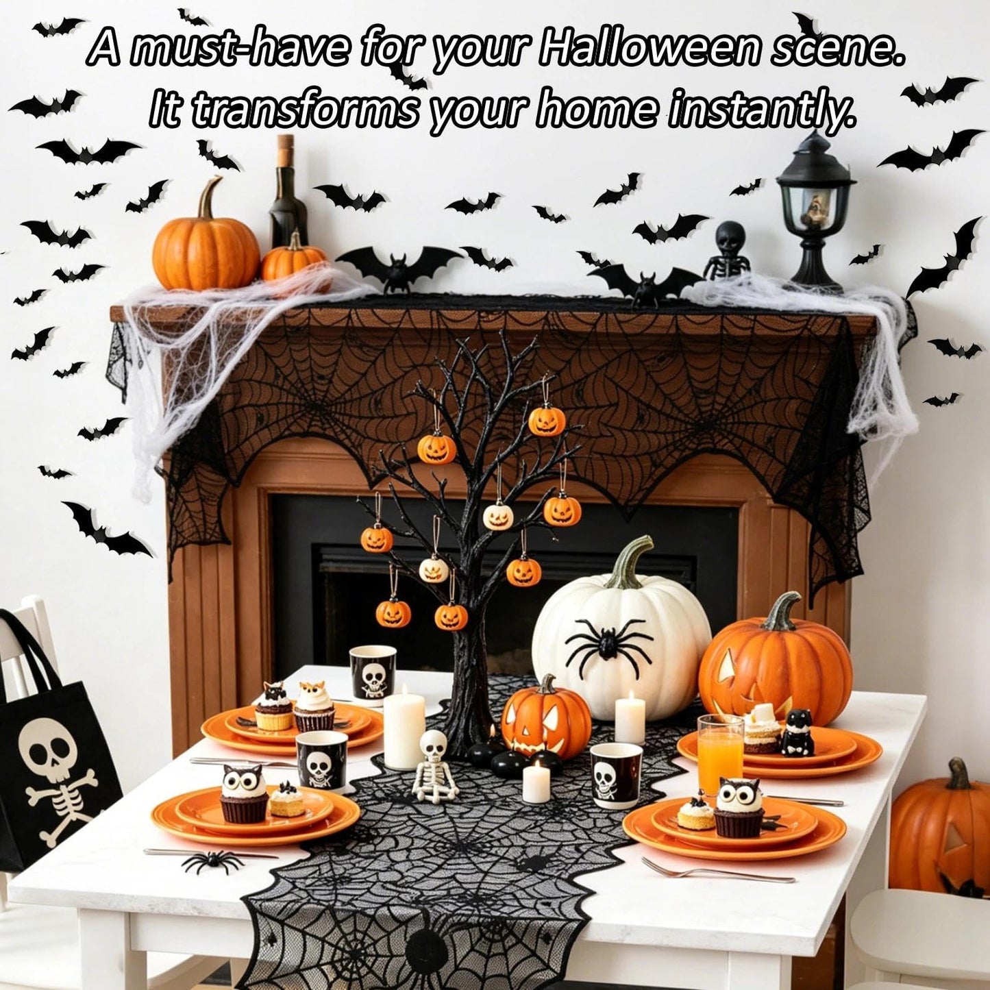 Zoonlinpp 5 Pack Halloween Decorations Indoor Black Lace Table Runner Fireplace Mantel Scarf Cover Spider Web Tablecloth Cobweb Lampshade with 32 Pcs Bat Wall Stickers Spooky Party Decor