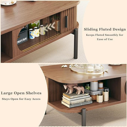 Coffee Table, 39.4" Mid Century Modern Coffee Tables for Living Room, Coffee Table with Storage Open Shelf, Fluted Table with Sliding Cabinet Door, 2-Tier Rustic Wood Desktop, Walnut