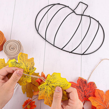 Fall Pumpkin Metal Wreath Frame, Pumpkin Shaped Wire Wreath Frame with Maple Leaves Fake Flowers Mini Pumpkin Berries, DIY 3D Pumpkin Frame for Indoor Outdoor Garden Home Kitchen Craft Decor
