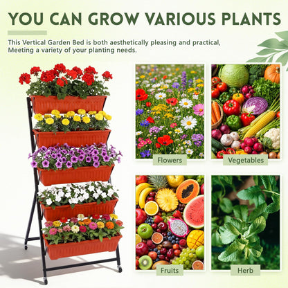 Briwooody 2 Pack 5 Tier Vertical Garden Planter with Wheels 4.5 ft Raised Garden Bed for Strawberry Herb Vegetable Flower Stackable Planter Boxes with Drainage for Patio Indoor Outdoor(Brick Red)