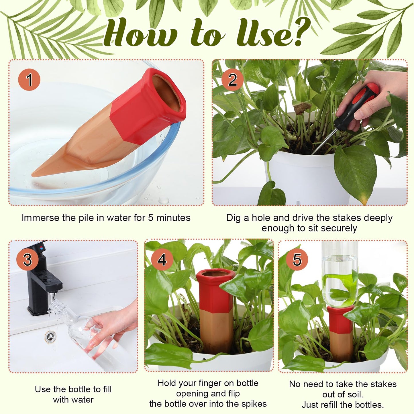 SiliFine 6 Sets Plant Watering Devices Include Terracotta Self Watering Spikes and 26 oz Plastic Bottles, Slow Release Vacation Insert Automatic Plant Waterer Device (Clear and Mixed Color)