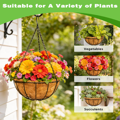 ZVOWOS 2 Pack 12 Inch Black Metal Hanging Basket Hanging Planter with Coco Coir Liner Heavy Duty Hanging Flower Pot Holder for Indoor Outdoor Patio Garden Porch Balcony Decor (Watermelon)
