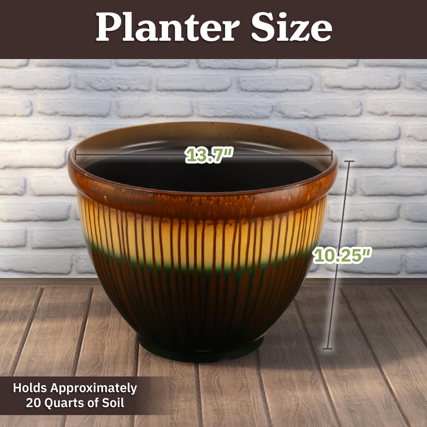 Plastic Plant Pot with Glazed Pottery Finish and Drainage - 13.7” Large Planters for Indoor Plants or Outdoor Garden - UV Resistant Decorative Flower Pot Faux Ceramic Planter by Pure Garden (Bronze)