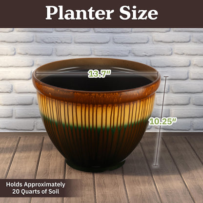 Plastic Plant Pot with Glazed Pottery Finish and Drainage - 13.7” Large Planters for Indoor Plants or Outdoor Garden - UV Resistant Decorative Flower Pot Faux Ceramic Planter by Pure Garden (Bronze)