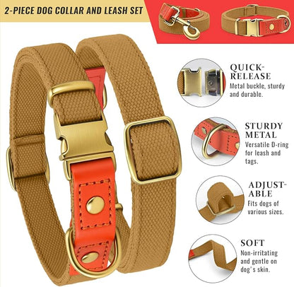 Dog Collar and Leash Set with Metal Quick Release Buckle, Adjustable, Breathable Nylon, Durable, Soft and Comfortable, No Pull for Walking and Training, Khaki, L (14.9"-22.8")