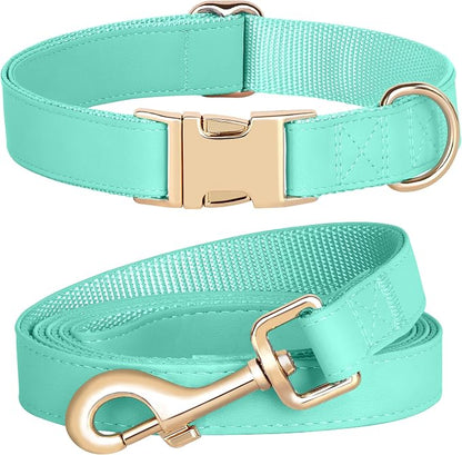PET ARTIST Soft PU Leather Dog Collar and Leash Set, Bright & Stylish 5FT PU Leather Leash and Collar Set, Durable Pet Collars with Quick Release Metal Buckle for Small Dogs,Mint Green,S(9"-14")