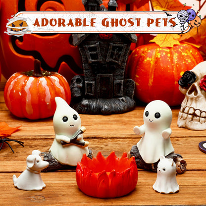 JULEASEL Glow-in-The-Dark Ghost Campfire Gathering, Cute & Cozy Halloween Ghost Figurine Set | 2 Ghosts, Ghost Dog, Ghost Cat and Tea Light Holder | Resin Ghost Statue for Home, Mantel, Shelf, Desk