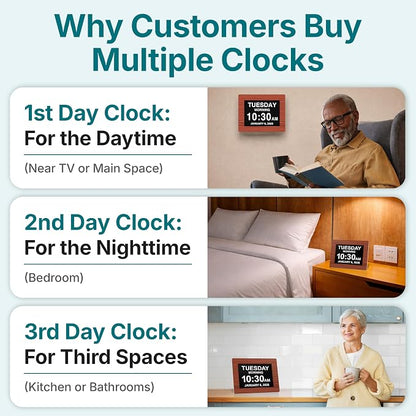 American Lifetime New 2026 Dementia Clock Large Digital Clock for Seniors, Alzeimer Clock Large Display with Custom Alarms, Clock with Day & Date for Elderly, Digital Calendar Premium Brown Wood 12"