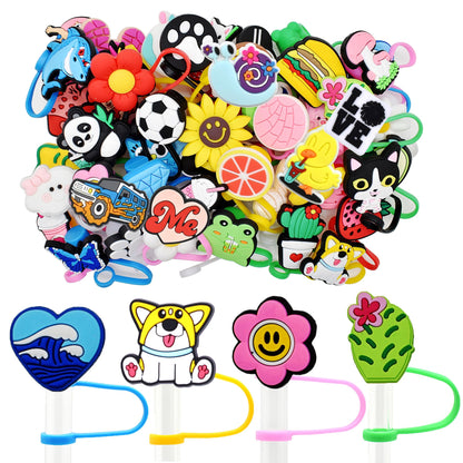 YEALQUE Random Different 50PCS 0.4in Straw Covers Cap Dust Proof Cute Reusable Drinking Straw Toppers PVC for 9-10mm Tumbler Cup Straws Accessories